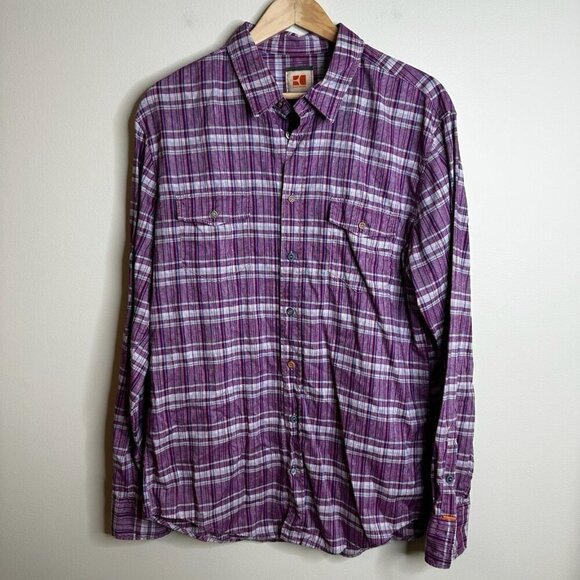 Hugo Boss Orange Linen Blend Plaid Button Up Shirt Purple Mens XL Western Preppy - Picture 1 of 15